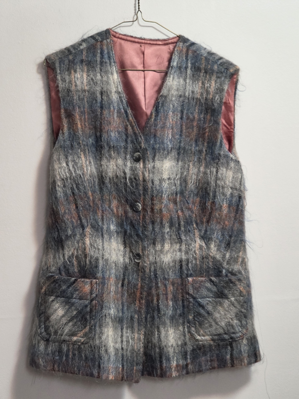 Vintage Glen Cree Fuzzy Plaid Button-Front Vest Jacket in Blue and Gray